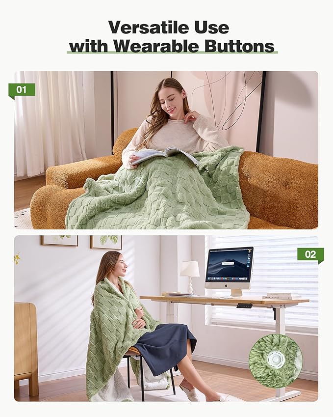 Heated Throw Blanket 50"x60" - 9-Level Fast Heating & 1-10H Timer, Fluffy Plush Blanket with Snap Buttons for Secure Fit, Soft Cozy Gift for Women/Men, for Couch, Bed & Office, Green