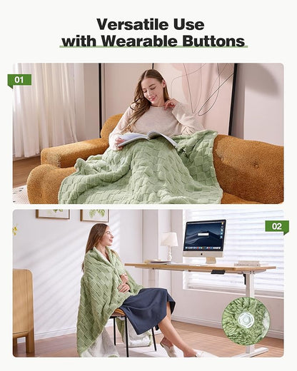 Heated Throw Blanket 50"x60" - 9-Level Fast Heating & 1-10H Timer, Fluffy Plush Blanket with Snap Buttons for Secure Fit, Soft Cozy Gift for Women/Men, for Couch, Bed & Office, Green