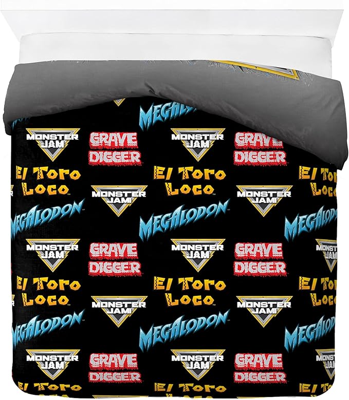 Jay Franco Duvet Cover Set – 3 Piece Comforter Cover and Sham Set, Super Soft Cozy Kids Bedding (Insert Not Included) Grey - Monster Jam, Queen