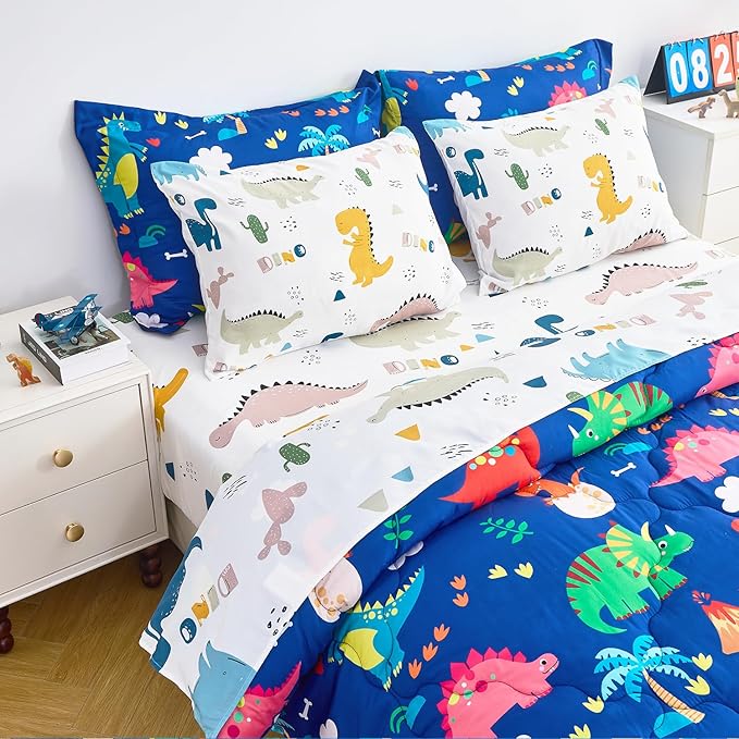 Wajade 7 Piece Kid Boys Dinosaur Comforter Set Twin Size 3D Blue Dinosaur Wild Park Jungle Print Bedding Set with Comforter, Sheet Set, Pillowcase and Sham