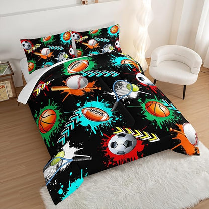 Kids Sports Balls Bedding Queen Comforter Set for Boys,Black Football Basketball Baseball Print Comforter Set for Kids Bedroom Decorate,Sports Themed Bedding Comforter Set with 2 Pillowcases.