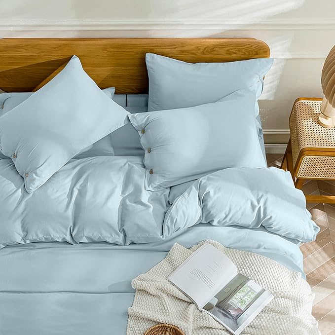 JELLYMONI Cotton Duvet Cover Full Size - Light Blue Comforter Cover with Button 100% Washed Cotton 3PCS Breathable Soft Solid Bedding Set Duvet Cover 80×90in & 2 Pillowcases (NO Comforter)