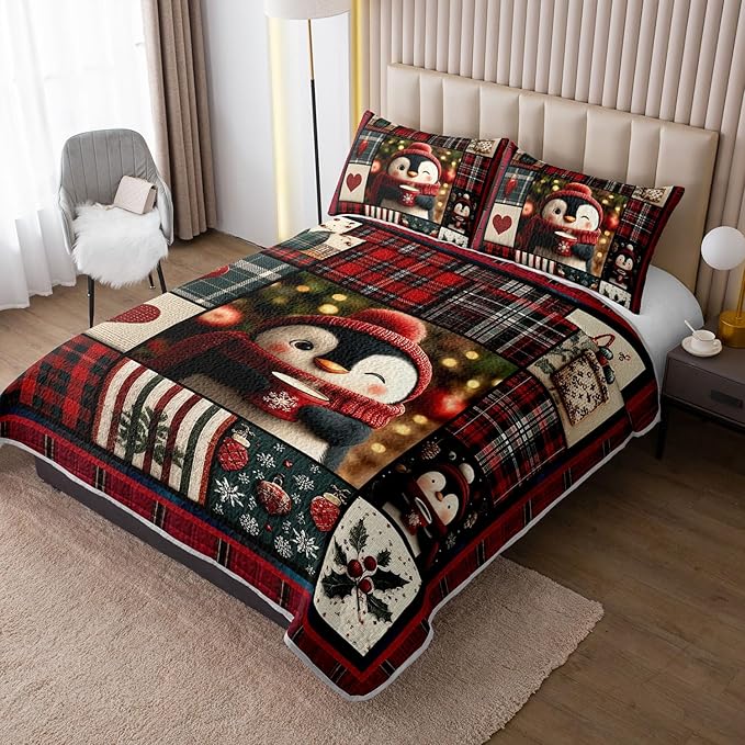 Cartoon Black White Penguin Quilts Bedding King 3Pcs Red Heart Snowflakes Bed Set Xmas Gift Patchwork Grid Pattern Bedspread Coverlet with 2 Pillowcases for Kid Boy Girl Teen Adult Room Decor