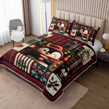 Cartoon Black White Penguin Quilts Bedding King 3Pcs Red Heart Snowflakes Bed Set Xmas Gift Patchwork Grid Pattern Bedspread Coverlet with 2 Pillowcases for Kid Boy Girl Teen Adult Room Decor