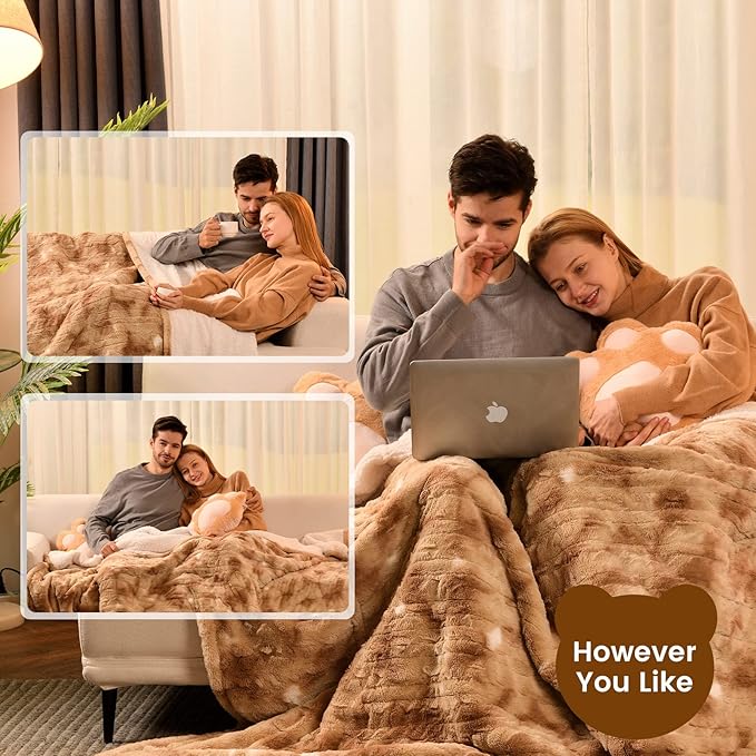 Bearhug Electric Blanket Twin Size 62" x 84", Faux Fur & Sherpa Heated Blanket, 10 Heating Levels & 1-12H Auto Off, Champagne, Over-Heat Protect, ETL Certification, Machine Washable
