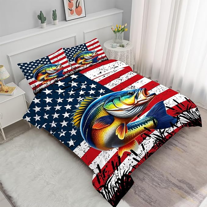 American Flag Comforter Set Full/Queen Size Bass Fish Bedding Set for Men Boys Teens Fishing Lover Bedroom Fisherman Farmhouse Bed Set Wild Quilted, 1 Comforter 2 Pillowcases