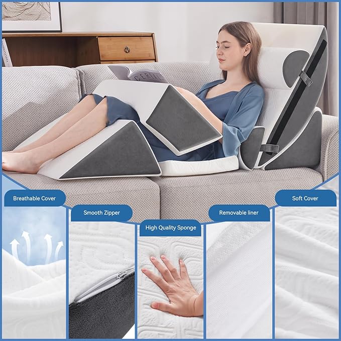 Wedge Pillow Set for After Surgery, 7 PCS Bed Wedge Pillow for Sleeping, Memory Foam Orthopedic Back Pillow for Pain Relief and Acid Reflux, Adjustable Post Surgery Pillow Grey