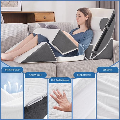 Wedge Pillow Set for After Surgery, 7 PCS Bed Wedge Pillow for Sleeping, Memory Foam Orthopedic Back Pillow for Pain Relief and Acid Reflux, Adjustable Post Surgery Pillow Grey