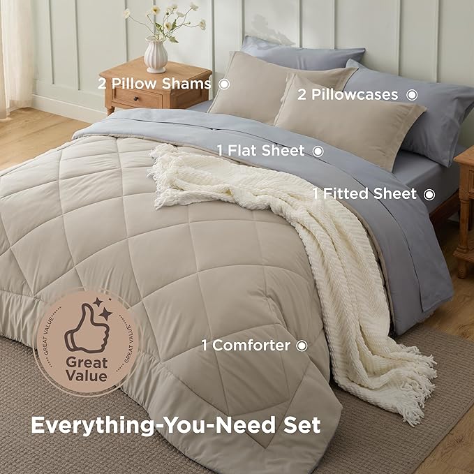 Bedsure Queen Comforter Set - 7 Pieces Reversible Beige Bedding, Queen Size Bed Set for All Seasons, Bed in a Bag with Down Alternative Comforter, Sheets, Pillowcases & Shams