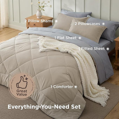 Bedsure California King Comforter Set - 7 Pieces Reversible Beige Bedding, California King Size Bed Set for All Seasons, Bed in a Bag with Down Alternative Comforter, Sheets, Pillowcases & Shams
