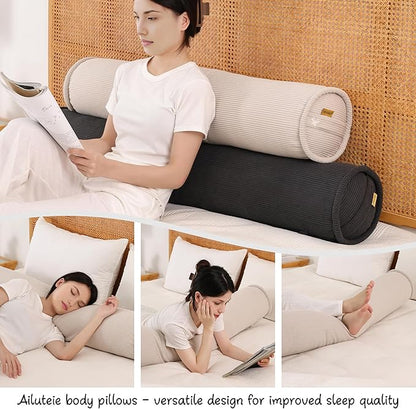 Long Round Body Pillow for Adults – Corduroy Cervical Roll Bolster Pillow, Firm Support for Spine Alignment & Side Sleeping,59 x 7.87 Inches,Beige Gray