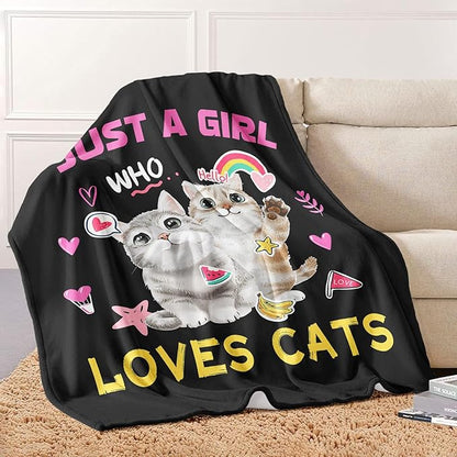 Kitten Lover Blanket, Just A Girl Who Loves Cats Blanket, Soft Warm Cozy Fleece Throw, Gifts for Girls Women Kids, 50"x60", Black
