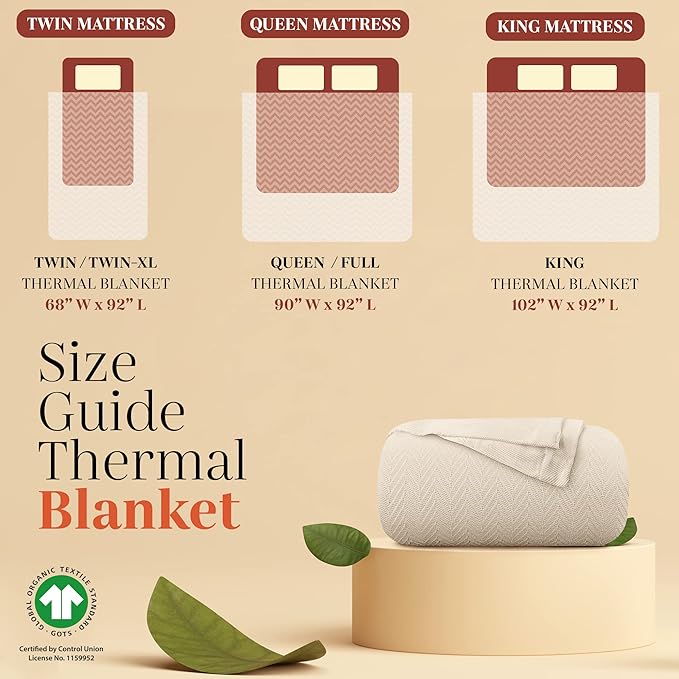 Mayfair Linen 100% Pure Cotton, Luxury King/Cal King Size Beige Blanket - Herringbone Pattern, Soft &Cozy Premium Fall Bed Blanket for All Seasons, 350GSM & 106x92 with Free Tote Bag