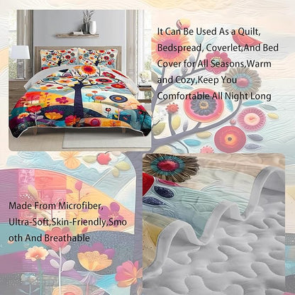 AILONEN Tree of Life Quilt Set Queen Size,Colorful Botanical Floral Bedspread Coverlet for Boys Girls,Nature Tree of Life Abstract Painting Quilt & 2 Pillowcases,3-Piece