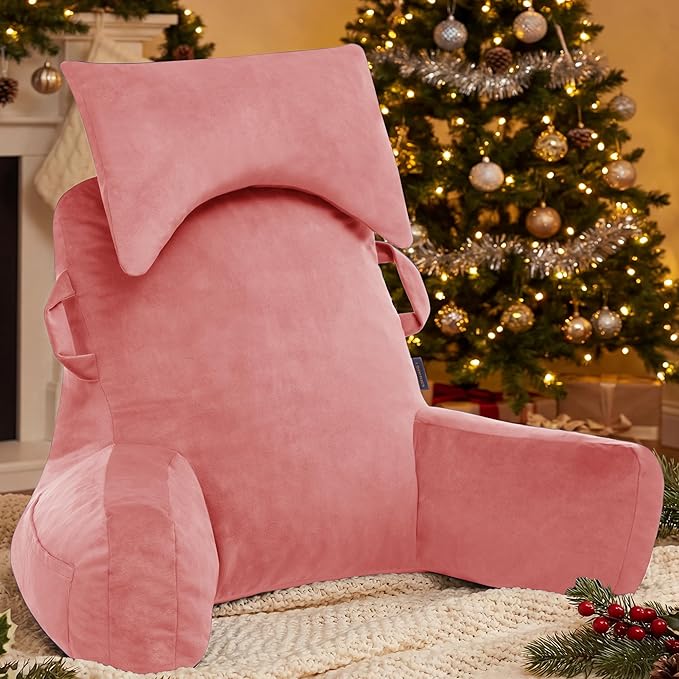 Portable Reading Pillows with Headrest for Bed Sitting Up(Dark Pink Oeko-Tex), Velvet Back Pillow with Arms & Pockets for Adults, Support Memory Foam Bed Pillow for Dorm/Watching/Gaming