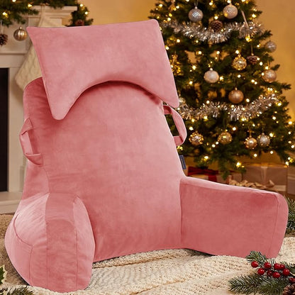 Portable Reading Pillows with Headrest for Bed Sitting Up(Dark Pink Oeko-Tex), Velvet Back Pillow with Arms & Pockets for Adults, Support Memory Foam Bed Pillow for Dorm/Watching/Gaming
