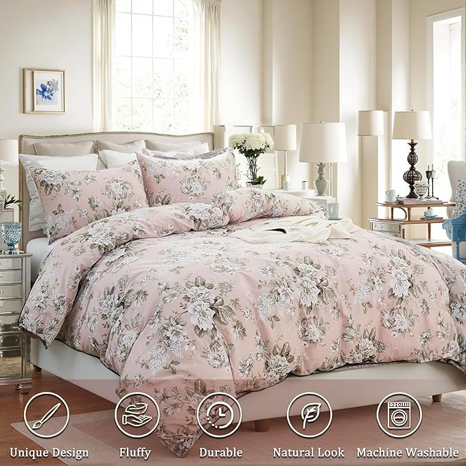 Floral Duvet Cover Queen Size Soft 100% Nature Cotton Vintage Style Pink Bedding Set with Zipper Closure 3 Pcs Cottagecore Botanical Duvet Cover, Ultra Soft, Breathable