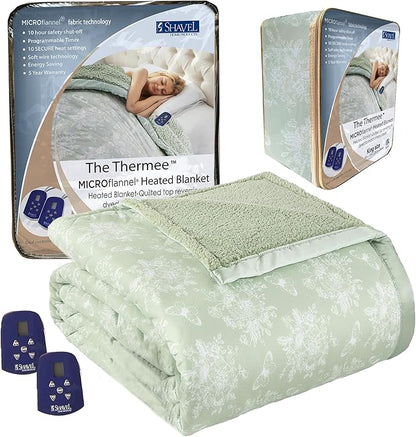 Thermee Micro Flannel Heated Blanket with Sherpa Back, 10-Setting Programmable Electric Blanket, Ultra-Soft Heated Throw Toile Celery Green