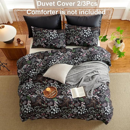 Floral Duvet Cover Queen 3 Pieces Elegant Flower Bedding Set Farmhosue Aesthetic Bedding Soft Microfiber Black Duvet Cover Set with 2 Pillowcases