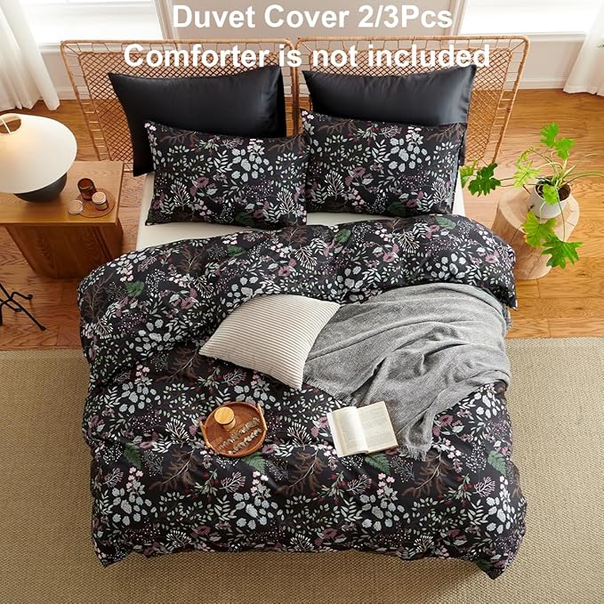 Floral Duvet Cover Twin 2 Pieces Elegant Flower Bedding Set Farmhosue Aesthetic Bedding Soft Microfiber Black Duvet Cover Set with 1 Pillowcase