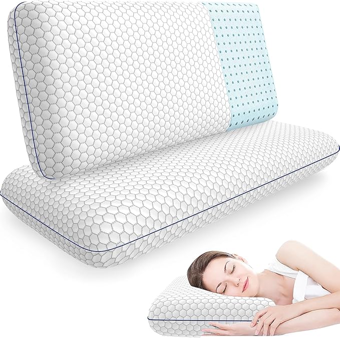 Memory Foam Pillows for Side, Back and Stomach Sleepers, Set of 2, Bed Pillow with Washable Cover and Breathable Mesh, Bed Pillow for Sleeping (Grey，King Size)