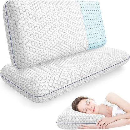 Memory Foam Pillows for Side, Back and Stomach Sleepers, Set of 2, Bed Pillow with Washable Cover and Breathable Mesh, Bed Pillow for Sleeping (Grey，King Size)