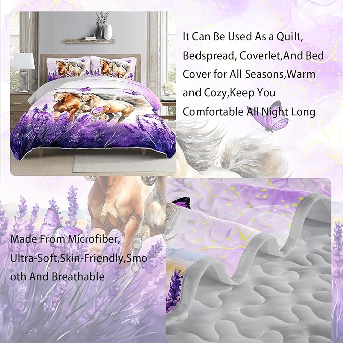 AILONEN Girls Horse Quilt Bedding Set Queen Size,Galloping Horse Bedspread Coverlet,3Pcs Purple Butterfly Lavender Flowers Animal Themed Bed Cover (1 Quilt + 2 Pillowcases)