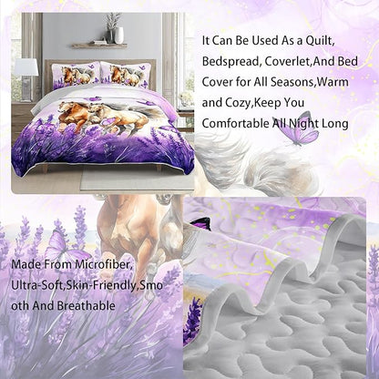 AILONEN Girls Horse Quilt Bedding Set Queen Size,Galloping Horse Bedspread Coverlet,3Pcs Purple Butterfly Lavender Flowers Animal Themed Bed Cover (1 Quilt + 2 Pillowcases)