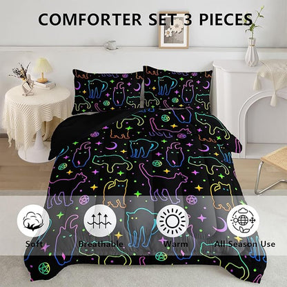 Black Cat Bedding Cartoon Cat Comforter Set Queen,Moon Stars Printed Kids Bedding Set for Boys Girls Adults Room Decor,Kids Comforter Set All Season,1 Quilt 2 Pillow Cases,Neon Color Blue Green