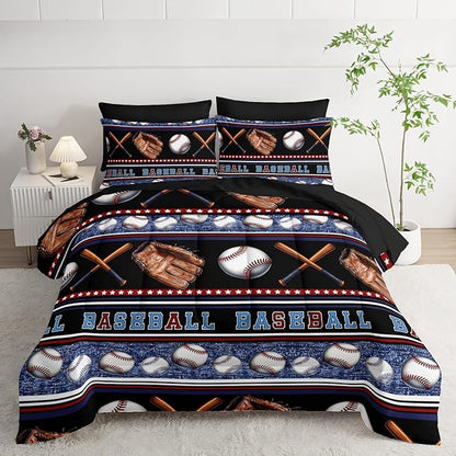 Baseball Sports Comforter 7Pcs Sneaker Baseball Gloves Bedding Set for Kid Teen Girl Boy Adult Sport Games Geometric Lines Quilt Bed Set Full with 2 Sheets,2 Pillowcases,2 Throw Pillow Covers