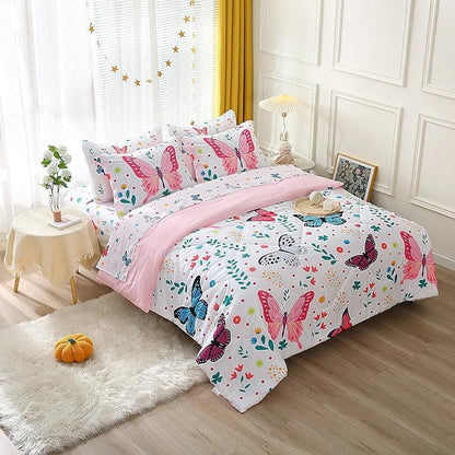 Wajade Butterfly Full Size Comforter Set for Girls Kids Adult Bedding Sets for Girls 7 Pieces Bed in a Bag Colorful Butterflies Flower Leaves Bedding Set All Season Lightweight