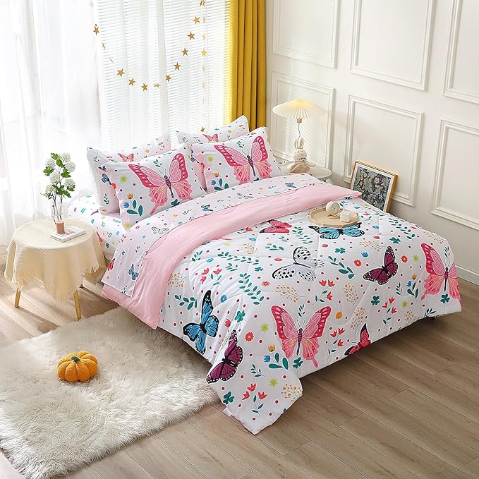 Wajade Queen Size Butterfly Comforter Set for Girls Kids Bedding Sets for Girls 7 Pieces Bed in a Bag Colorful Butterflies Flower Leaves Bedding Set All Season Lightweight