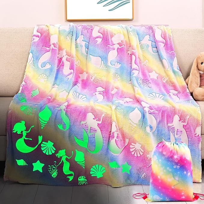 Glow in The Dark Blanket for Girls, Mermaid Blanket for 4-9 Year Olds and Mermaid Toys - Soft Warm Furry Kids Throw Blanket, for Girls Toys Age 6-8 Mermaid Birthday Gifts, 50"x60"