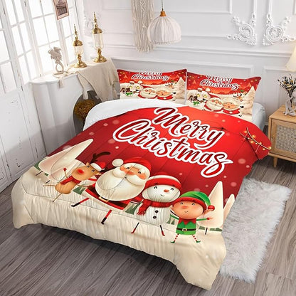 Xmas Bedding Sets Twin Size Christmas Santa Gnomes Comforter Sets Snowing Santa Claus Quilt for Kids Boys Girls Bedroom, 1 Comforter + 1 Pillow Case