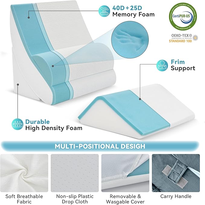 Kingfun 4pcs Orthopedic Bed Wedge Pillow Set for Sleeping, Memory Foam for Sleeping,Breathable Triangle Pillow Wedge, Post Surgery Memory Foam for Back, Leg Pain Relief, Sitting