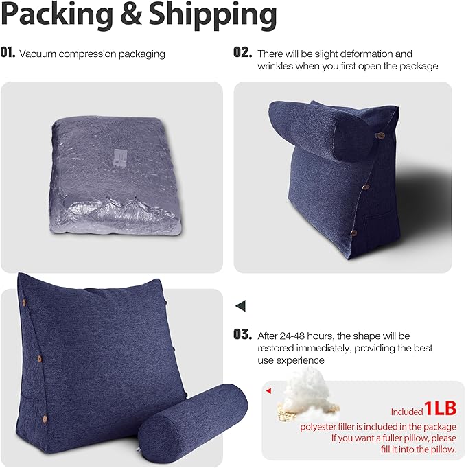 Daneey Reading Pillow for Bed Adult, Back Pillow for Bed Sitting Up, Back Support Pillow for Bed, Sit Up Pillow for Bed, Blue, 23.5 * 8 * 20IN