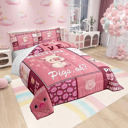 Castle Fairy Kawaii Pigs Comforter Set,Pink Animals Bedding Set for Kids Girls Women,Adults Pig Grid Comforter,Pink Pigs Quilted Duvet Set Bedroom Collection Twin Size 2Pcs