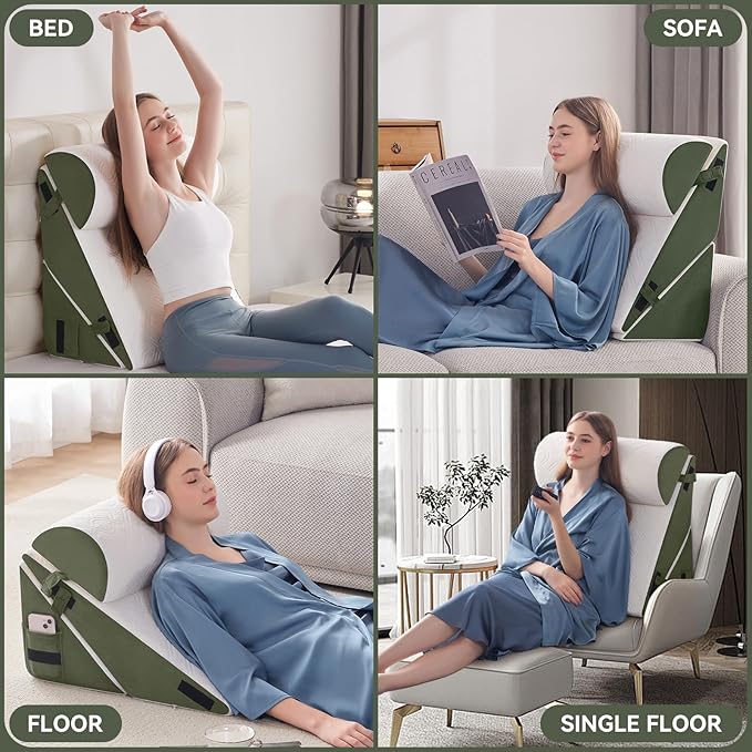 Wedge PillowSet for After Surgery, 3 PCS Bed Wedge Pillow for Sleeping, Memory Foam Orthopedic Back Pillow for Pain Relief and Acid Reflux, Adjustable Post Surgery Pillow Green