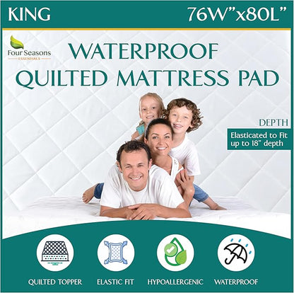 King Size Quilted Mattress Pad - Fitted Waterproof Mattress Protector, Pillow Top Mattress Topper, Premium Quality Hypoallergenic Mattress Cover
