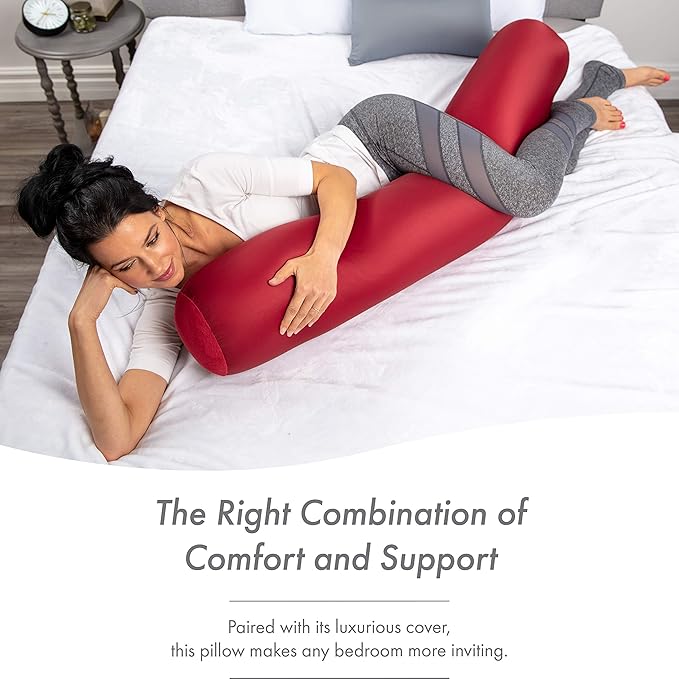 PILLOWY Straight Body Pillow, Full Size Premium Microbead,Side Sleeping/Maternity Pregnant Women, Supportive,Fluffy, Breathable, Cooling, 85/15 Spandex/Nylon Silky Feel Anti-Aging - 48 X 8 - Maroon