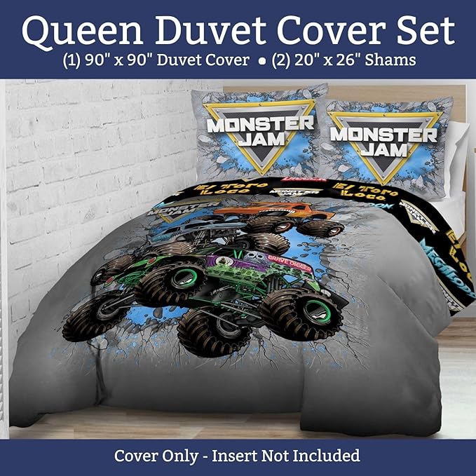 Jay Franco Duvet Cover Set – 3 Piece Comforter Cover and Sham Set, Super Soft Cozy Kids Bedding (Insert Not Included) Grey - Monster Jam, Queen