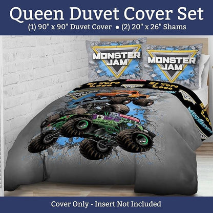 Jay Franco Duvet Cover Set – 3 Piece Comforter Cover and Sham Set, Super Soft Cozy Kids Bedding (Insert Not Included) Grey - Monster Jam, Queen