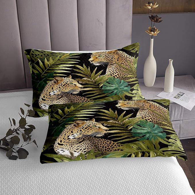 3D Cheetah Quilted King Size,Leopard Print Bedspread Tropical Palm Leaves Coverlet Set Big Cat Wildlife Botanical Bedspread Quilt Set Wild Animal Room Decor,Green