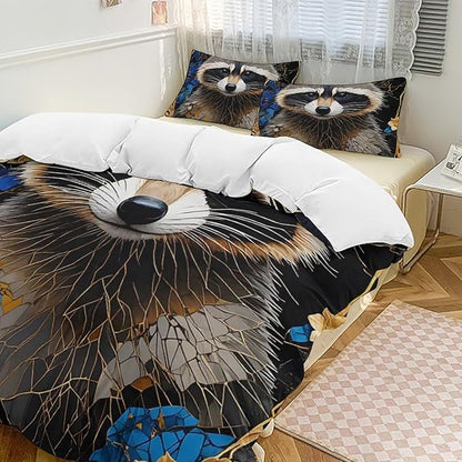Queen Duvet Cover,Cute Brown Raccoon 3 Pcs Bedding,for Kids and Adults,for Bedroom Bed Decor,Lovely Animal Themecomforter Cover with 2 Pillowcases (Full)