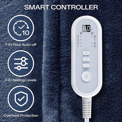 Electric Blanket Full Size 72"x84", Heated Blanket with 8 Heat Settings & 10 Hours Auto-Off, Navy Blue Double-sided Flannel Blanket, Heating Blanket for Bed, Full Body, Machine Washable, ETL Certified