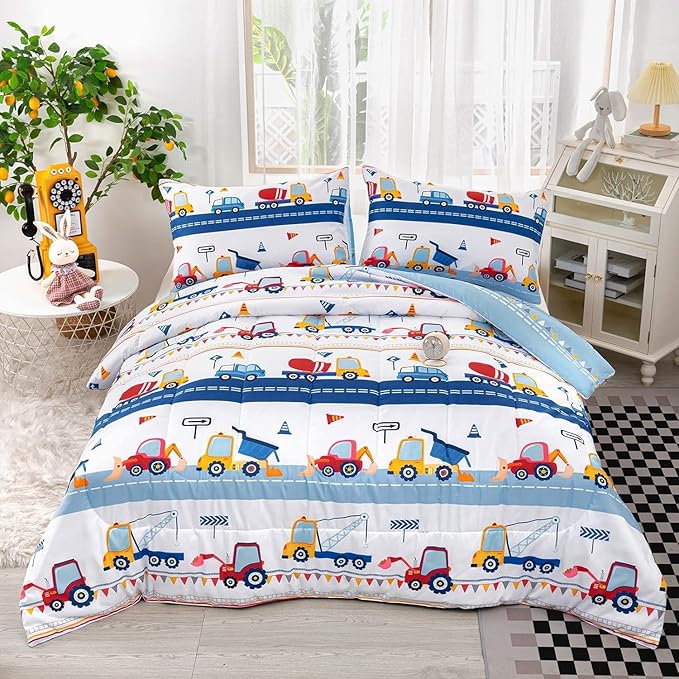 Axolotl Cartoon Cars Comforter Set Queen,Vehicle Bedding Set,Kids Excavator Comforter Set,Construction Bedding Equipment Trucks Comforter Sets for Kids Boys Girls Teens,1 Quilt 2 Pillowcases,Blue Red
