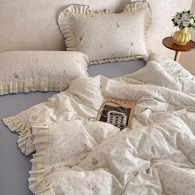 BuLuTu Lace Ruffles Duvet Cover Twin with Cute Rabbit Blue Floral Print, Princess Bedding Set for Kids Teens Girls, 100% Gauze Cotton Muslin Bedding Comforter Cover with Zipper, 4 Ties