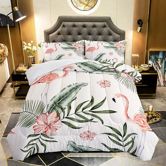 Flamingo Comforter Set Queen Size Tropical Flamingo Palm Tree Leaf Pattern Bedding Set Flower Quilted Duvet for Kids Girls Boys Adult with 1 Comforter and 2 Pillowcases