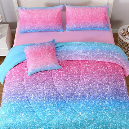 6Pcs Glitter Comforter Set with Sheets for Teens Girls Kids, Colorful Gradient Glitter Themed Bed in a Bag Full Size, Pink Teal 3D Sparkly Galaxy Bedroom Decor Bedding Set