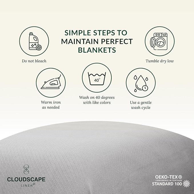 Cloud Scape Linen 100% Cotton Blanket Queen Size - Heavy and Soft, Season, Winter Cozy Blanket, Herringbone Weave, Best Gift for Women, fits Full Size Bed, 92x92, Light Grey